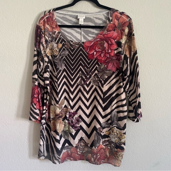 Chicos woman’s scoop neck sweater top size 2 LG floral zebra sophisticated mesh - Picture 5 of 11